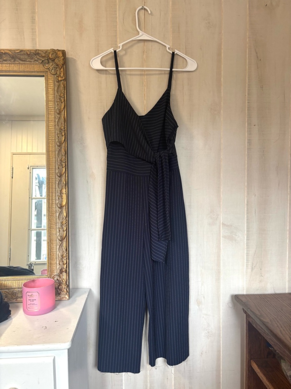 Navy Pinstripe Wrap Jumpsuit